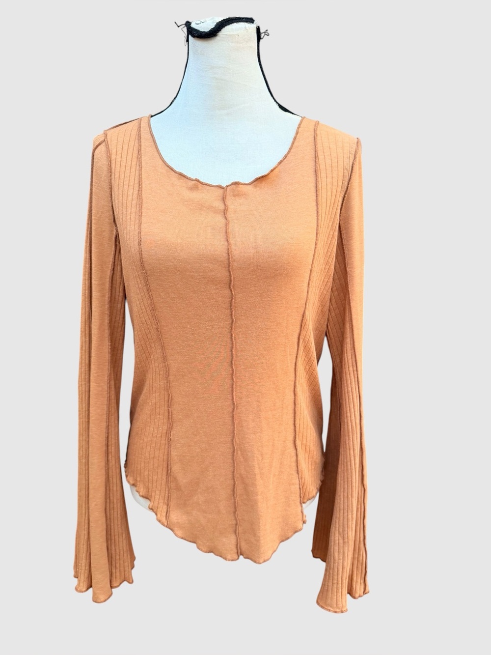 We the Free tan scoop neck knit blouse bell sleeves